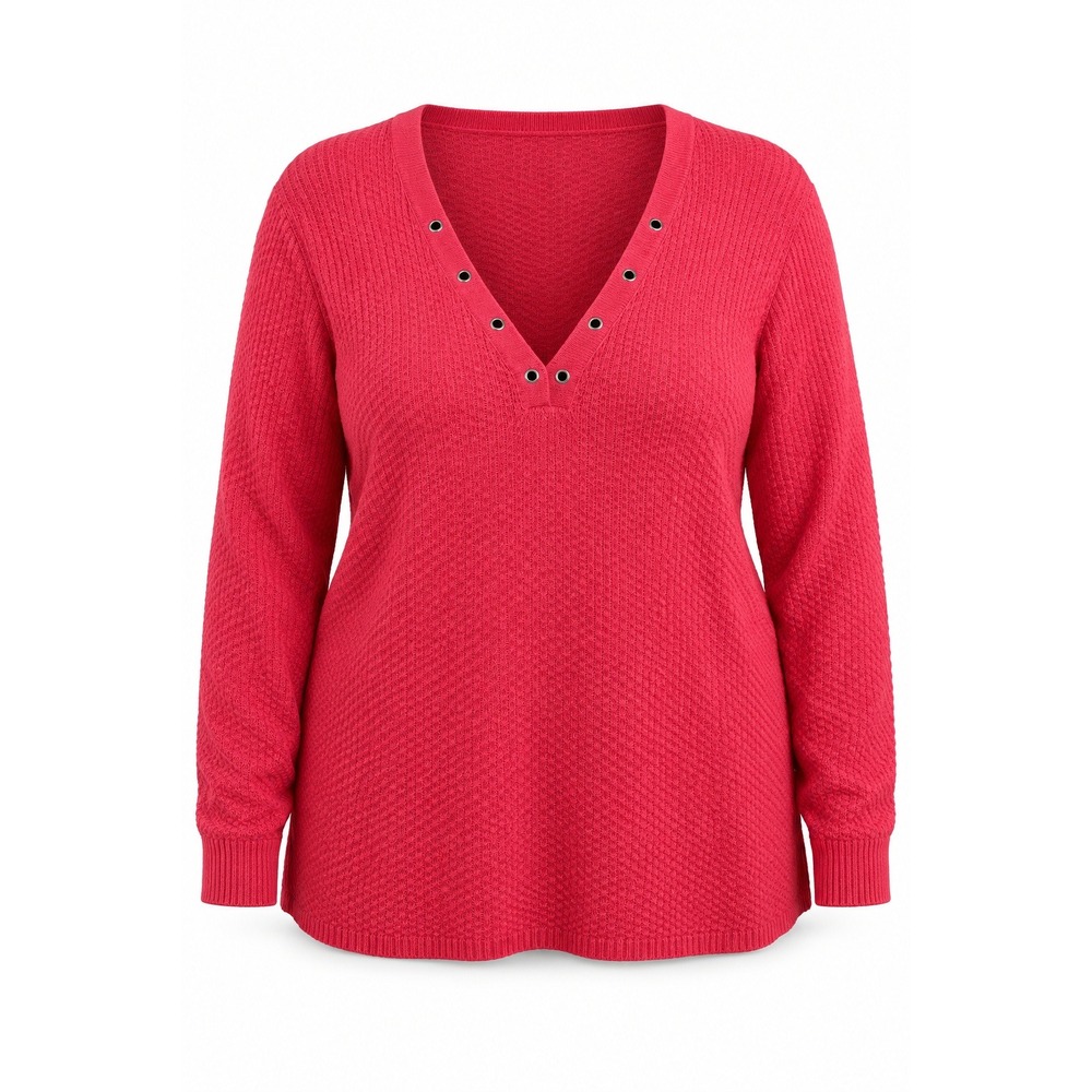 Chaps Denim Red Linen Blend Grommet V-Neck Sweater XL XLG Textured Knit Top
